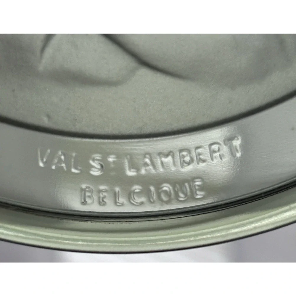 Vintage Val St. Lambert Belcique Green Glass Intaglio Covered Powder Box c. 1935